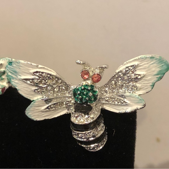 Vintage bees / wasps pins brooch set of 2, silver & teal.  Mom and baby - Picture 4 of 9